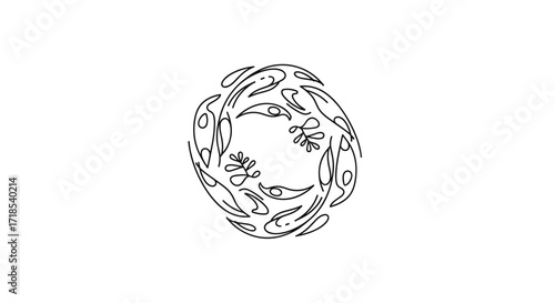 Abstract line art of fish and plants in circular design