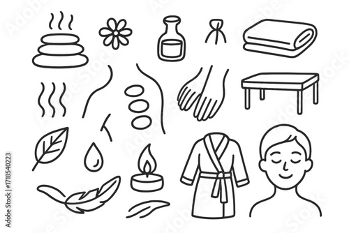 Spa Icons Doodle. Hand-drawn doodle illustration Hot Stone Massage stones, steam lines, flower, oil bottle, spa towel, back curve, hands, heat wave, spa table,