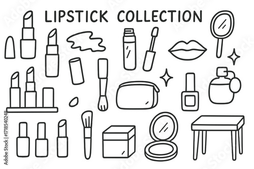 Lipstick Doodle Collection. Hand-drawn doodle illustration Lipstick Collection [different lipstick tubes, lipstick caps, lipstick smear, lip gloss, mirror,