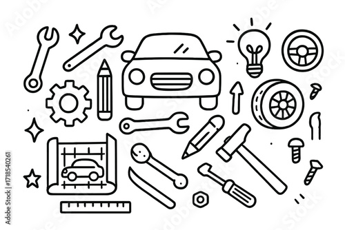 Automotive Design Doodles. Hand-drawn doodle illustration Automotive Design [car, wheel, gear, wrench, pencil, ruler, blueprint, steering wheel, light bulb,