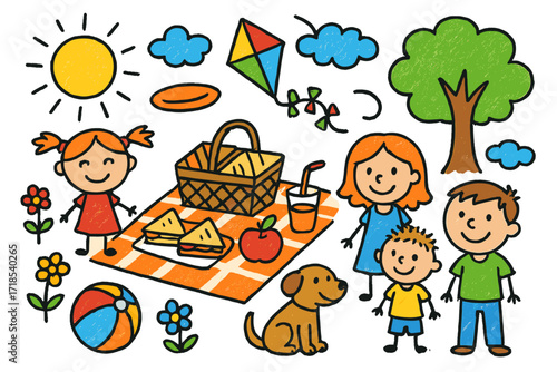Family Picnic Doodle. Colorful Hand-drawn doodle Children illustration Family Picnic basket, blanket, sandwiches, juice, apple, kite, sun, tree, family