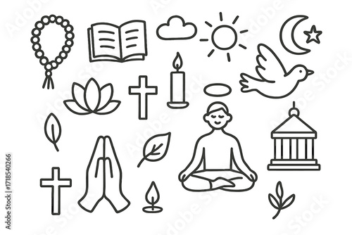 Spiritual Symbols Doodle. Hand-drawn doodle illustration [Spiritual growth and religious teachings] [prayer beads, open book, candle, lotus flower, cross,