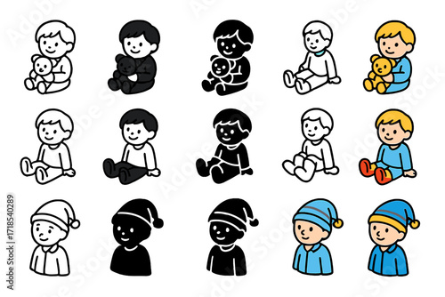 Pajama Accessories Icons. Icon Set of Pajama Accessories: Kid with bedtime toy, Kid with warm socks, Kid with pajama hat. Icons set in vector style, emblematic