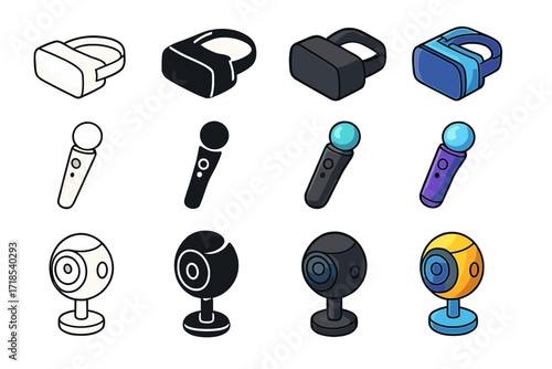 VR Icon Collection. Icon Set of Virtual reality in games: VR headset, motion controller, camera. Icons set in vector style, emblematic variations. VR headset