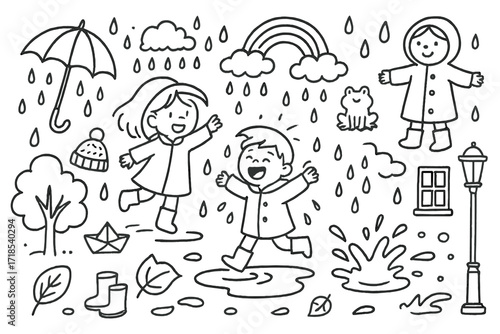 Children Enjoying Rain. Hand-drawn doodle illustration Children playing in rain Umbrella, raincoat, boots, puddle, paper boat, raindrops, hat, cloud, frog,