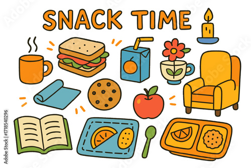 Snack Time Doodles. Colorful Hand-drawn doodle Children illustration [snack time] [sandwich, juice box, cookie, apple, tea mug, napkin, placemat, snack tray,