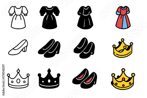 Renaissance Icon Set. Icon Set of Renaissance Inspired: Puffy sleeves dress, Velvet shoes, Golden crown. Icons set in vector style, emblematic variations.