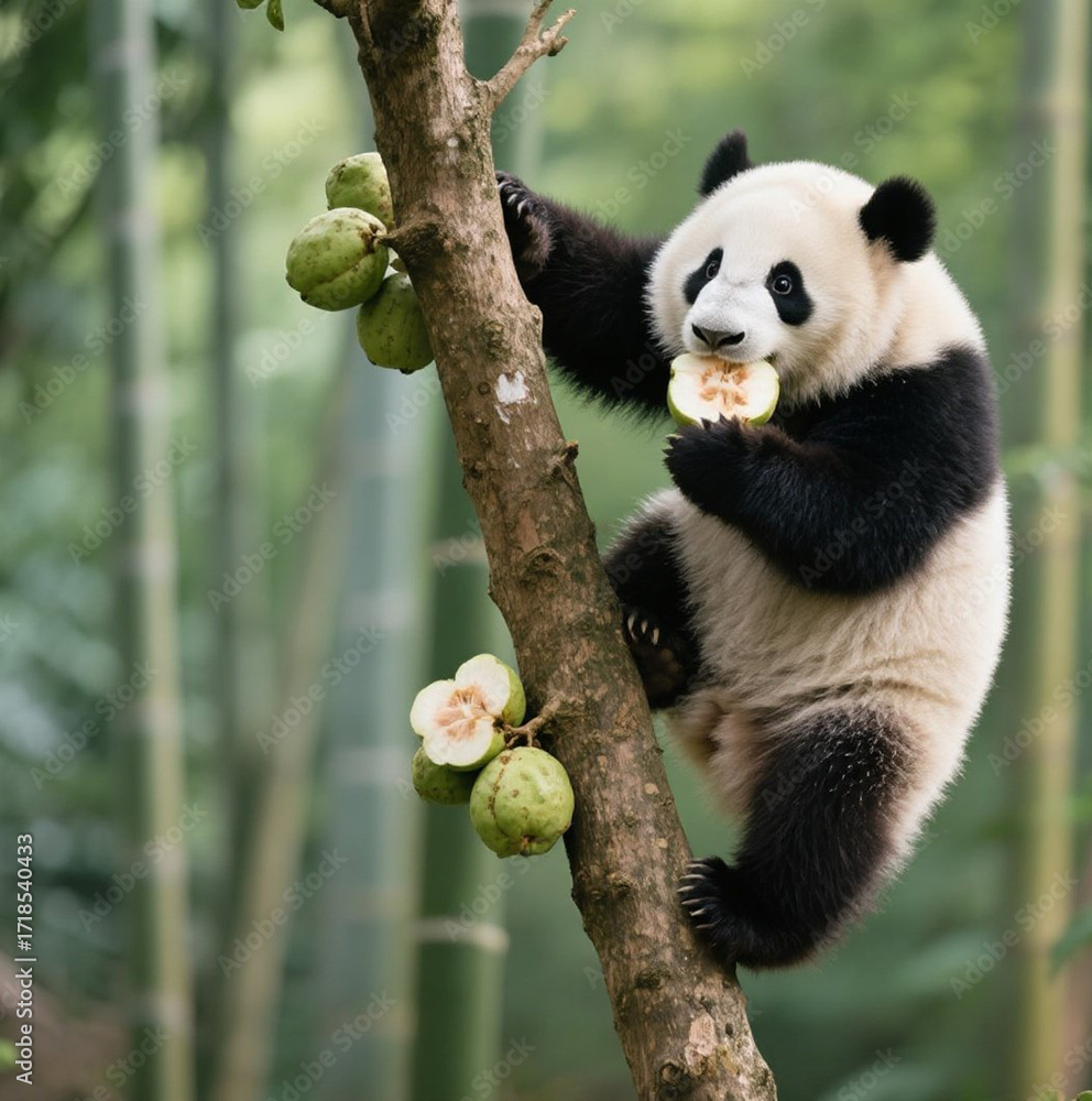 Fototapeta premium Panda climbing tree, eating guava fruit with glee
