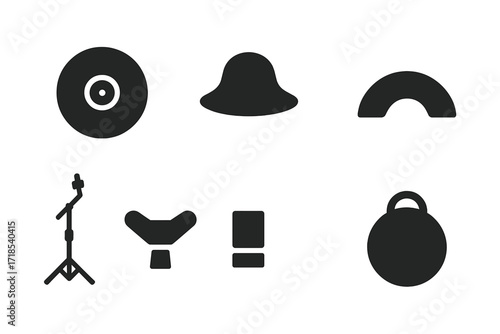 Ride Cymbal Icon Set. Solid, filled icon set of ride cymbal components: cymbal body, bell, edge, mounting hole, cymbal stand, wing nut, cymbal sleeve, cymbal