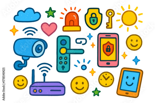 Smart Home Security Doodles. Colorful Hand-drawn doodle Children illustration Home Security smart camera, smart door lock, alarm bell, wifi router, smartphone,