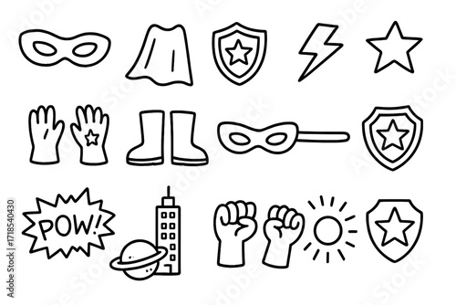 Superhero Icon Doodles. Hand-drawn doodle illustration Superhero costume guests [mask, cape, shield, lightning bolt, star, gloves, boots, eye mask, belt, comic