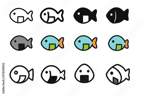Fish Onigiri Logos. Set Logo of Fish and Rice: Fish-Shaped Onigiri. Logo set in vector style, emblematic variations. line, bold thick line, solid black filled,