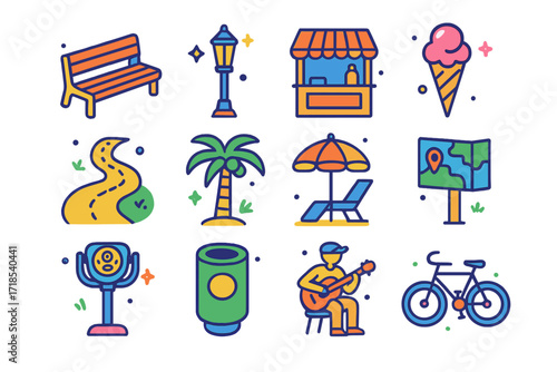 Seaside Promenade Icons. Colorful isometric vector icons set of seaside promenade: benches, street lamp, food kiosk, ice cream cone, walking path, palm tree,