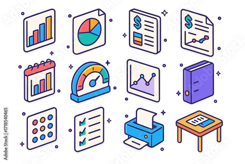 Colorful Isometric Business Icons. Colorful isometric vector icons set of Business report elements: bar chart, pie graph, summary page, financial document,