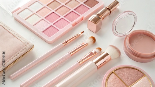 Cosmetic Beauty Set in Soft Pink Tones with Brushes
Top View of a Pink Makeup Palette and Tools
Still Life of a Feminine Cosmetic Collection on a White Surface