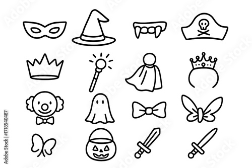 Costumed Party Icons. Hand-drawn doodle illustration Costumed guests [mask, witch hat, vampire teeth, pirate hat, crown, wizard staff, superhero cape, tiara,