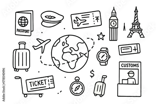 Travel Essentials Icons. Hand-drawn doodle illustration international flight globe, passport, airplane, flight path line, suitcase, boarding pass, landmark