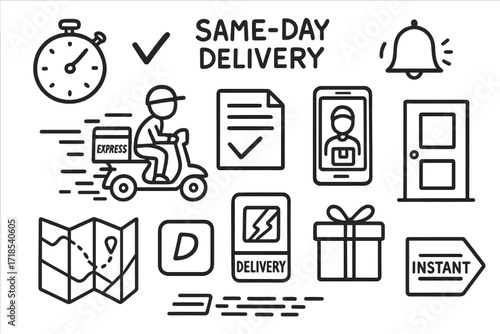 Express Delivery Icons. Hand-drawn doodle illustration Same-day delivery stopwatch, checkmark, order icon, alert bell, motorbike, express box, time window,