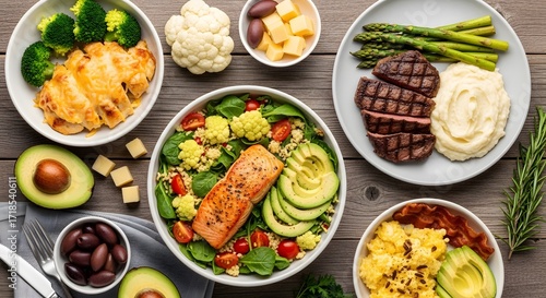 Wallpaper Mural Keto meals overhead view of a rustic wooden table filled with various healthy keto meals, including steak, salmon salad, chicken, and scrambled eggs Torontodigital.ca
