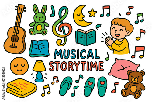 Musical Storytime Doodles. Colorful Hand-drawn doodle Children illustration Musical Storytime guitar, book, animal toy, blanket, moon, star, music swirl,