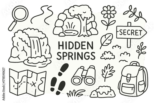 Hidden Springs Adventure. Hand-drawn doodle illustration [hidden springs in nature] [magnifying glass, path, spring icon, rock wall, tree, flower, secret sign,