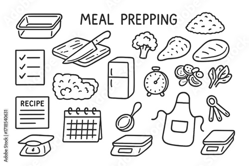 Meal Prep Essentials. Hand-drawn doodle illustration [Meal prepping] [container, knife, cutting board, broccoli, rice, chicken, veggies, checklist, fridge,