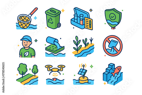 River Conservation Icons. Colorful isometric vector icons set of River conservation: clean-up net, recycling bin, water testing kit, protected area sign, eco