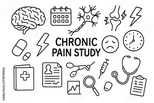 Chronic Pain Study Icons. Hand-drawn doodle illustration chronic pain study brain, calendar, clock, nerve cell, aching joint, lightning bolt, sad face, pill,