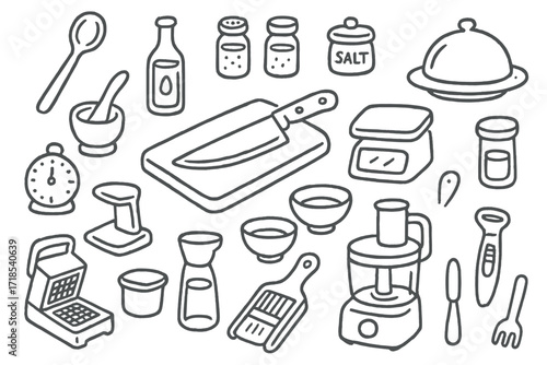 Chef's Prep Tools. Hand-drawn doodle illustration [chef?s prep station] [cutting board, chef?s knife, measuring scale, mortar and pestle, mandoline slicer,