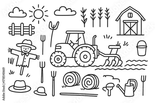 Farm Life Icons. Hand-drawn doodle illustration Tractor at work in farmland, tractor, plow, wheat stalks, hay bales, barn, farmer hat, pitchfork, wheel tracks,