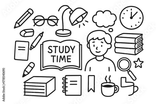 Study Time Essentials. Hand-drawn doodle illustration Study time open book, pencil, eraser, glasses, desk lamp, stack of books, notebook, clock, thought