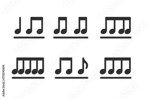 Rhythm Pattern Icons. Solid, filled icon set of backbeat rhythm patterns: and emphasis, offbeat syncopation, swung eighths, straight eighths, sixteenth note
