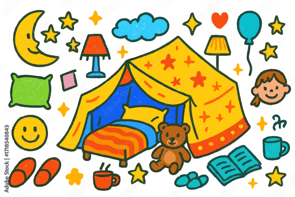 Fototapeta premium Children's Blanket Fort Fun. Colorful Hand-drawn doodle Children illustration Blanket Fort Fun blanket, pillow, bed, teddy bear, lamp, book, mug, moon, stars,