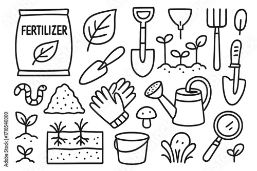 Soil Enhancement Doodles. Hand-drawn doodle illustration [enhancing soil fertility] [fertilizer bag, shovel, rake, trowel, watering can, plant seedlings, leaf,