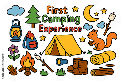 Children's Camping Adventure. Colorful Hand-drawn doodle Children illustration First Camping Experience [tent, campfire, marshmallow on stick, backpack,