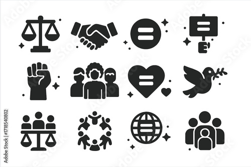 Social Equality Icons. Social Equality. Solid icons set of justice scale, handshake, equality symbol, protest sign, raised fist, diverse group, heart with