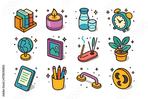 Nightstand Essentials Icons. Colorful isometric vector icons set of nightstand reading accessories: small bookshelf, scented candle, water carafe, alarm clock,