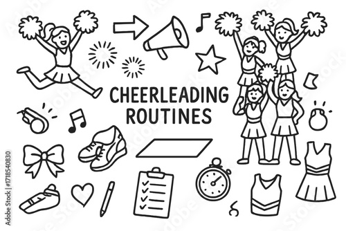 Cheerleading Doodle Icons. Hand-drawn doodle illustration Cheerleading Routines [cheerleader in jump, pyramid pose, pom-poms, megaphone, music note, star,