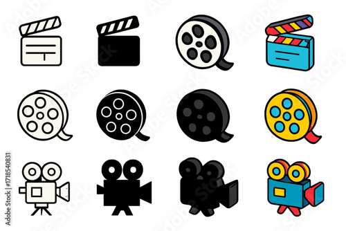 Colorful Filmmaking Icons. Icon Set of Filmmaking Scenes: Clapperboard, Film reel, Movie camera. Icons set in vector style, emblematic variations. Clapperboard