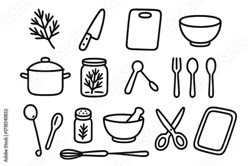 Kitchen Utensils Doodle. Hand-drawn doodle illustration dill kitchen tools dill sprig, knife, cutting board, bowl, pot, jar, measuring spoon, fork, spoon,