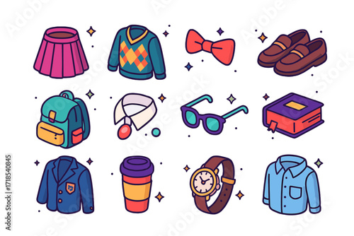 Preppy Style Icons. Colorful isometric vector icons set of Preppy academic style: pleated skirt, argyle sweater, bowtie, loafers, school backpack, collar pin,