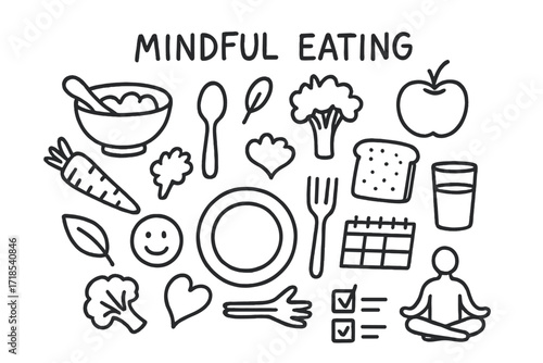 Mindful Eating Doodles. Hand-drawn doodle illustration Mindful eating [bowl, spoon, apple, carrot, broccoli, bread slice, water glass, leaf, smile face, heart,