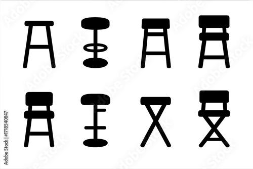 Bar Stool Icons. Solid, filled icon set of bar table seating: bar stools, high chairs, swivel stools, cushioned stools, backrest stools, footrest stools,