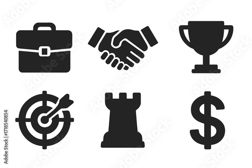 Business Icon Grid. Solid, filled icon set of business rivalry: briefcase, handshake, bar chart, trophy, target, chess rook, competition flag, dollar sign.