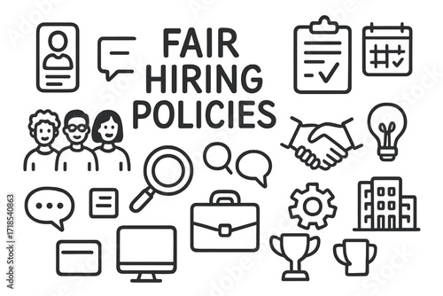 Diverse Hiring Icons. Hand-drawn doodle illustration [Fair hiring policies] [clipboard, resume, diverse team, magnifying glass, handshake, computer, briefcase,