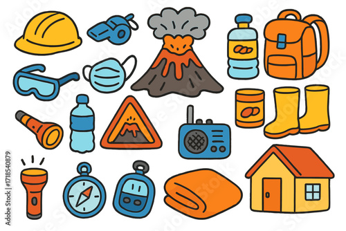 Volcano Safety Doodle. Colorful Hand-drawn doodle Children illustration Volcano safety [volcano, helmet, whistle, backpack, goggles, mask, boots, bottled