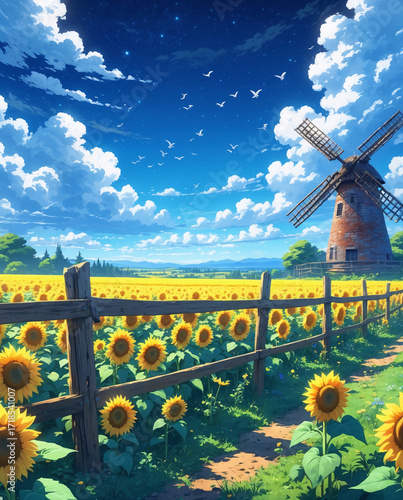 anime countryside with windmill and blooming sunflower field in bright sunny weather and blue sky wallpaper background