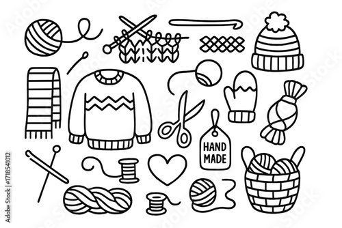 Knitting Doodle Icons. Hand-drawn doodle illustration [Knitting and crocheting clothes] [yarn ball, knitting needles, crochet hook, sweater, scarf, beanie,