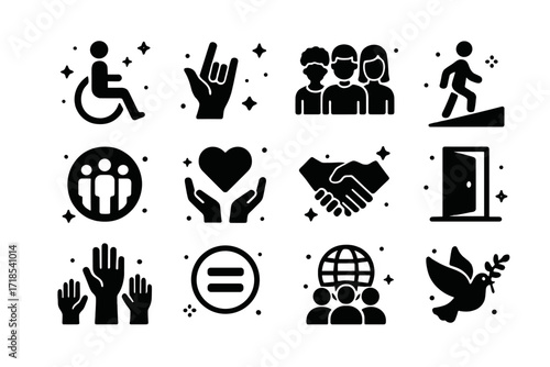 Inclusive Icon Set. Inclusion. Solid icons set of wheelchair symbol, sign language hand, diverse people, accessible ramp, inclusive circle, support heart,