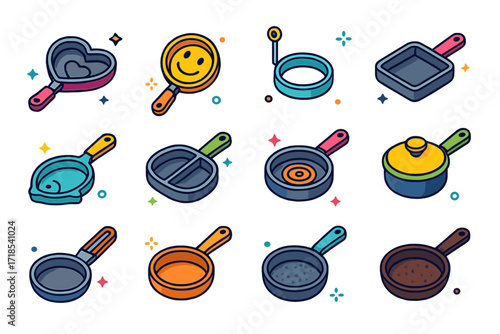 Colorful Pan Icons. Colorful isometric vector icons set of mini pans and specialty pans: heart-shaped pan, smiley face pan, egg ring pan, square frying pan,